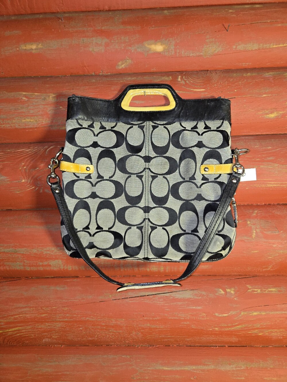 Coach Signature Pattern Black and Gray Tote with Yellow Accents